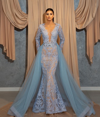 Robes de soirée de luxe longues bleu | Robes de bal en dentelle avec manches_2