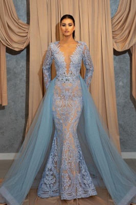 Robes de soirée de luxe longues bleu | Robes de bal en dentelle avec manches_1