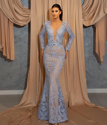 Robes de soirée de luxe longues bleu | Robes de bal en dentelle avec manches_3