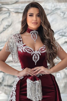 Robes de Soirée Rouge Vin Velours | Robes de soirée longue avec dentelle_3