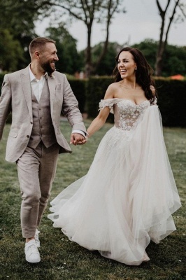 Robes de mariée simples Une ligne | Robes de mariée en tulle avec dentelle_2