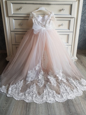 Robe de demoiselle d'honneur d'enfant princesse dentelle traîne longue chic haut couture_4