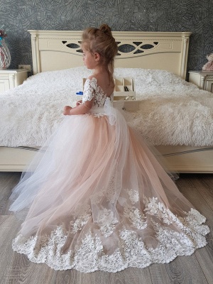 Robe de demoiselle d'honneur d'enfant princesse dentelle traîne longue chic haut couture_2