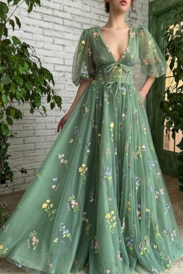 Robe de soirée verte longue col en V | robes de bal avec manches_1