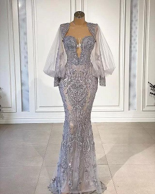 Robes de soirée argentées avec manches | Robes de bal de promo longues paillettes_1