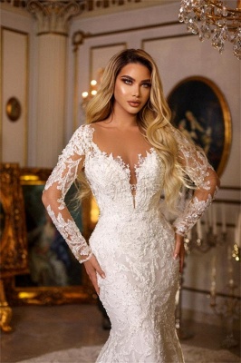 Robe de mariée sirène en dentelle col V avec manches élégante_2