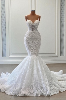 Robe de mariée sirène à bretelles spaghetti dentelle chic_1