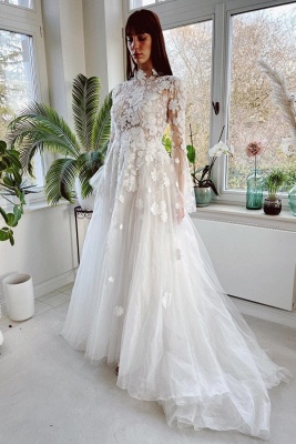 Robe de mariée A-ligne avec manches en dentelle pas cher_1