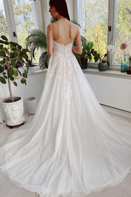 Robe de mariée A-ligne avec dentelle et paillettes simple blanche_2