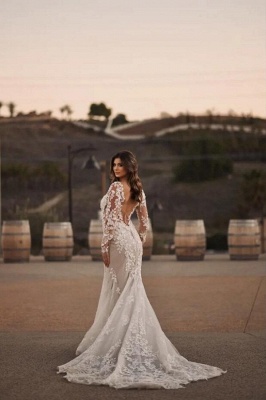 Robe de mariée fleurie col V avec manches pas cher_2