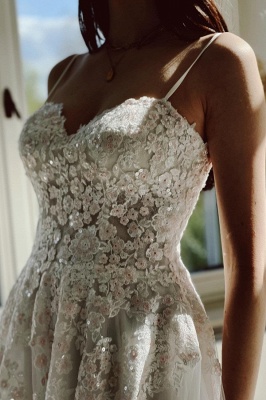 Robe de mariée A-ligne avec dentelle et paillettes simple blanche_3