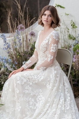 Robe de mariée A-ligne col V avec dentelle pas cher_3