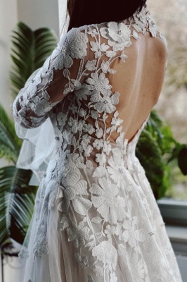 Robe de mariée A-ligne avec manches en dentelle pas cher_3