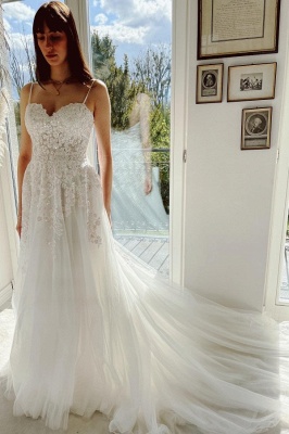 Robe de mariée A-ligne avec dentelle et paillettes simple blanche_1