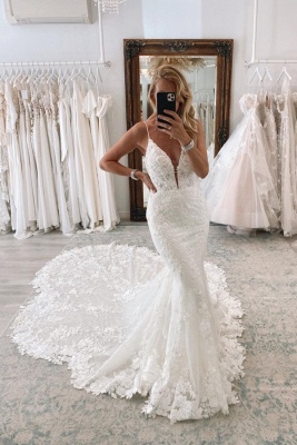 Robe de mariée sirène en dentelle à bretelles spaghetti pas cher_1