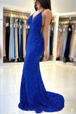 Robe de soirée à bretelles spaghetti avec paillettes sexy bleu_3