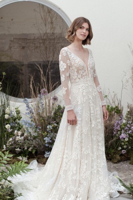 Robe de mariée A-ligne col V avec dentelle pas cher_1