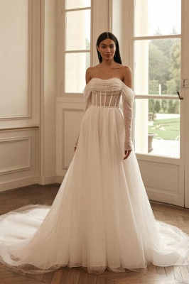 Robe de mariée A-ligne en paillettes avec manches super chic pas cher_1