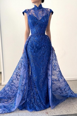 Robe de soirée avec perles et dentelle en bleu roi avec traîne détachable_1