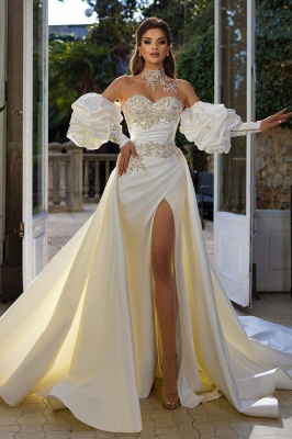 Robe de mariée unique en satin avec dentelle haute gammes populaire_1