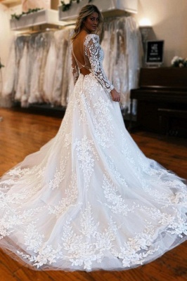 Robe de mariée ligne-A col V avec manches dentelles_3