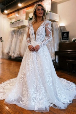 Robe de mariée ligne-A col V avec manches dentelles_2