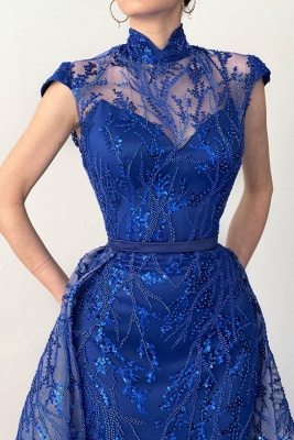 Robe de soirée avec perles et dentelle en bleu roi avec traîne détachable_3