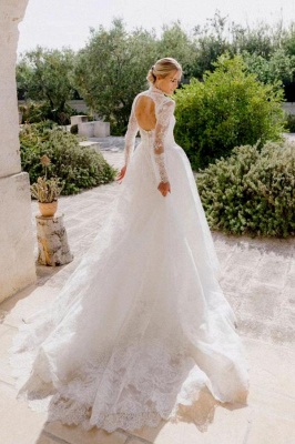 Robe de mariée col rond avec manches dentelles créative chic pas cher_4