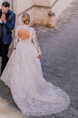 Robe de mariée col rond avec manches dentelles créative chic pas cher_3