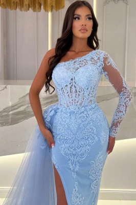 Robe de soirée longue dentelle fendu devant bleu ciel pas cher_2