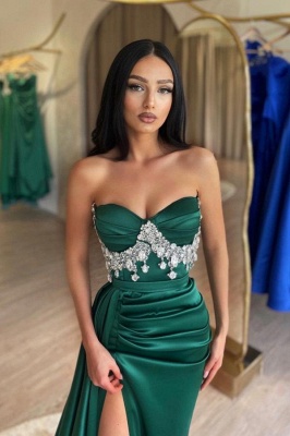 Robe de soirée longue bustier avec perles et cristaux vert foncé_2