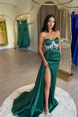 Robe de soirée longue bustier avec perles et cristaux vert foncé_1