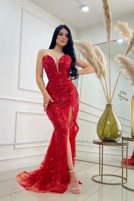 Sexy robe de soirée sur paillettes rouge bustier avec traîne détachable sur mesures_2