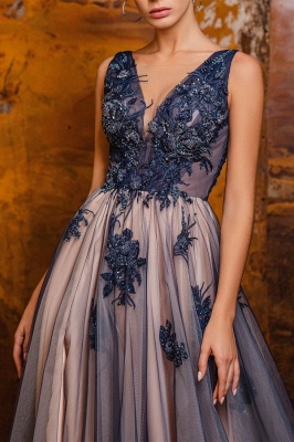 Robe de soirée ligne-A col V longue avec appliques magnifique_3