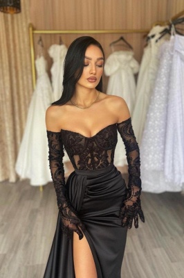 Robes de soirée de créateurs longues noires | Robes de bal avec manches en dentelle_2