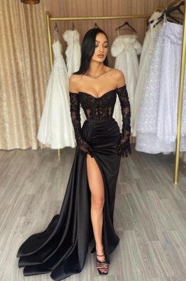 Robes de soirée de créateurs longues noires | Robes de bal avec manches en dentelle_1