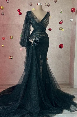 Robes de soirée sexy longues noires | Robes de bal avec manches en dentelle_1