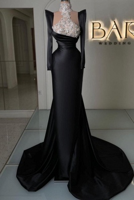 Robes de soirée noires avec manches | Robes de bal longues paillettes_1