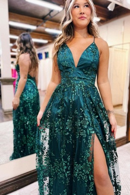 Robes de soirée vertes longues dentelle | Robes de bal paillettes pas cher_3