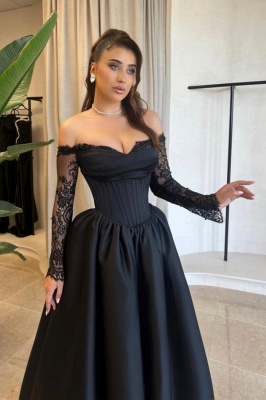 Robes de mariée noires une ligne dentelle | Robes de mariée avec manches_5