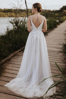 Robes de mariée simples A-ligne | Robes de mariée en dentelle longue_5