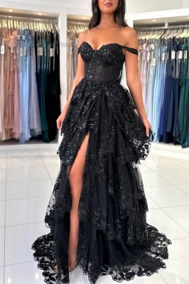 Robes de soirée modernes noires | Robe de bal avec dentelle_3