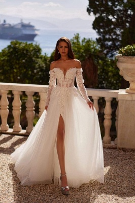 Belles robes de mariée en dentelle Robes de mariée en tulle Une ligne avec manches