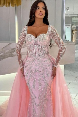 Robe de soirée luxueuse longue en dentelle rose, robes de bal avec manches_2