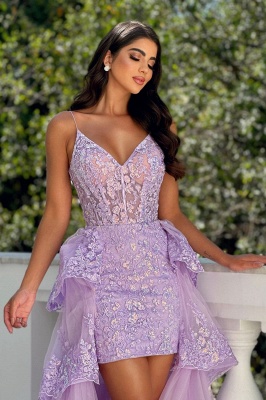 Robes de soirée lilas courtes devant longues derrière robes de bal en dentelle paillettes_4