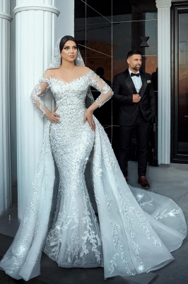 Belles robes de mariée en dentelle de ligne A avec manches à paillettes