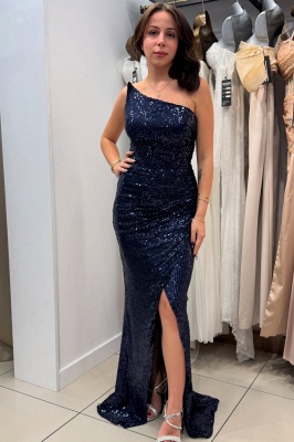 Robes de bal simples et longues à paillettes bleu marine bon marché