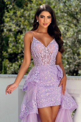 Robes de soirée lilas courtes devant longues derrière robes de bal en dentelle paillettes_5