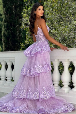 Robes de soirée lilas courtes devant longues derrière robes de bal en dentelle paillettes_3