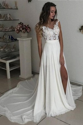 Robe de mariée simple avec dentelle | Robes de mariée d'été en mousseline de soie pas cher_1